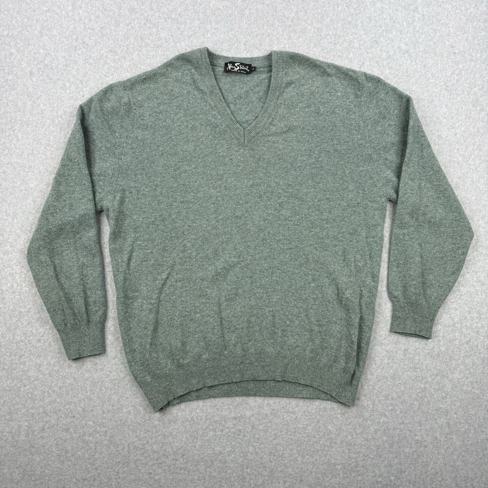 Vintage Alan Stuart Sweater Mens Large Green Wool Blend V Neck Made In‎ Italy